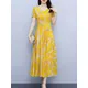 Robe Longue Vintage en Mousseline de Soie pour Femme Tunique Jaune à Fleurs Élégante de Bal