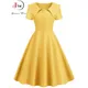 Vintage 50s Ladies Solid Pleated Dress Elegant Peter Pan Collar Women Summer High Waist Rockabilly