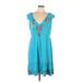 Johnny Was Casual Dress - A-Line V Neck Short sleeves: Teal Print Dresses - Women's Size X-Large