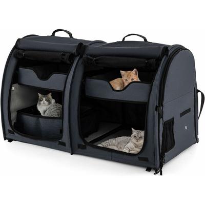 GOPLUS Transportbox mit Zwei Fächern für Katzen, 2 in 1 Haustierhütte mit abnehmbaren Hängematten &