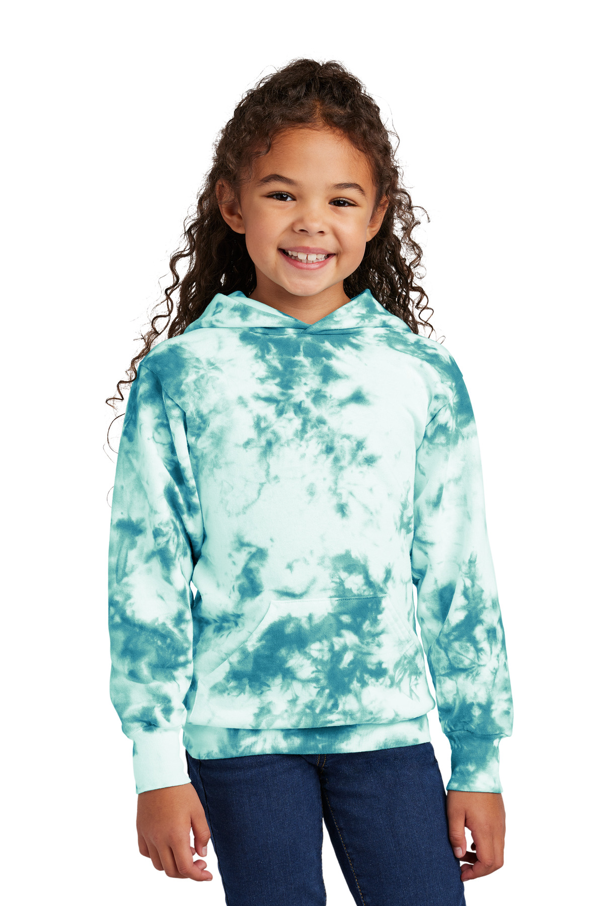 Port & Company PC144Y Youth Crystal Tie-Dye Pullover Hoodie in Teal size Medium | 80/20 cotton/Polyester blend