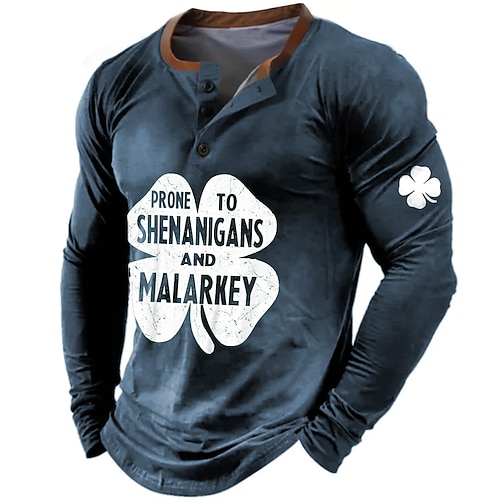 St. Patrick's Day St. Paddys Kleeblatt Herren Lässiges 3D-Druck Henley T-Shirt Tee Lässiges Feiertag T-Shirt Schwarz Blau Grün Langarm Henley-Shirt Frühling Herbst Kleidung Bekleidung S M XL XXL 3XL Image