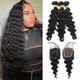 12A Human Hair Loose Deep Bundles With Closure Brazilian Virgin Human Hair 3/4 Bundles With Swiss Lace Loose Deep Natural Black