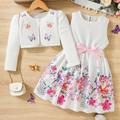 2pcs Little Girl Butterfly Dresses Outfit Floral Tank Dress And Graphic Cardigan Top Set, For Cute And Casual Look, Kids Clothing Gift