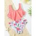 Toddler Girls Random Floral Print Flounce Cut Out Waist One Piece Swimsuit Swimwear S221904X Multicolor 4Y(41IN)