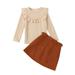 Canrulo Toddler Baby Girls Fall Outfit Solid Color Long Sleeve Ruffle Tops and Elastic Skirt Clothes Brown 3T