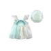 Canrulo Infant Baby Girl Shell Print Dress Ruffle Straps Dress Sleeveless Off Shoulder Mesh Short Dress with Sun Hat Set Green 2T