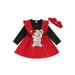 Acuteok Infant Girl Fall Outfits A-Line Dress Long Sleeve Round Neck Ruffled Bear Embroidery Patchwork Dress with Bow Headband