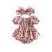 Canrulo Newborn Baby Girl Smocked Romper Dress Floral Print Short Puff Sleeve Ruched Jumpsuit Bodysuit with Headband Set White Orange 3-6 Months