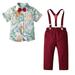 Rovga Outfit For Children Toddler Boys Short Sleeve Flower Prints Shirt Tops Red Pants With Tie Child Kids Gentleman Outfits