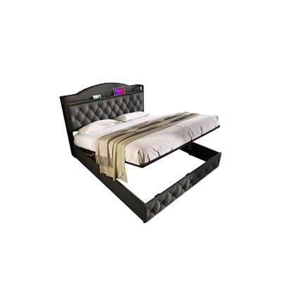 Merax Polsterbett mit USB Typ C Ladefunktion, Doppelbett 140 x 200 Stauraumbett mit Lattenrost aus Metallrahmen, Grau