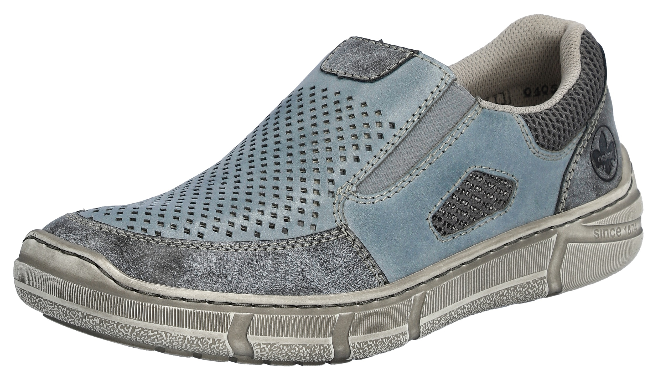 Slipper RIEKER, Herren, Gr. 43, blau (blau, grau), Leder, Schuhe, Halbschuh, Freizeitschuh mit seitlichem Gummizug für guten Sitz