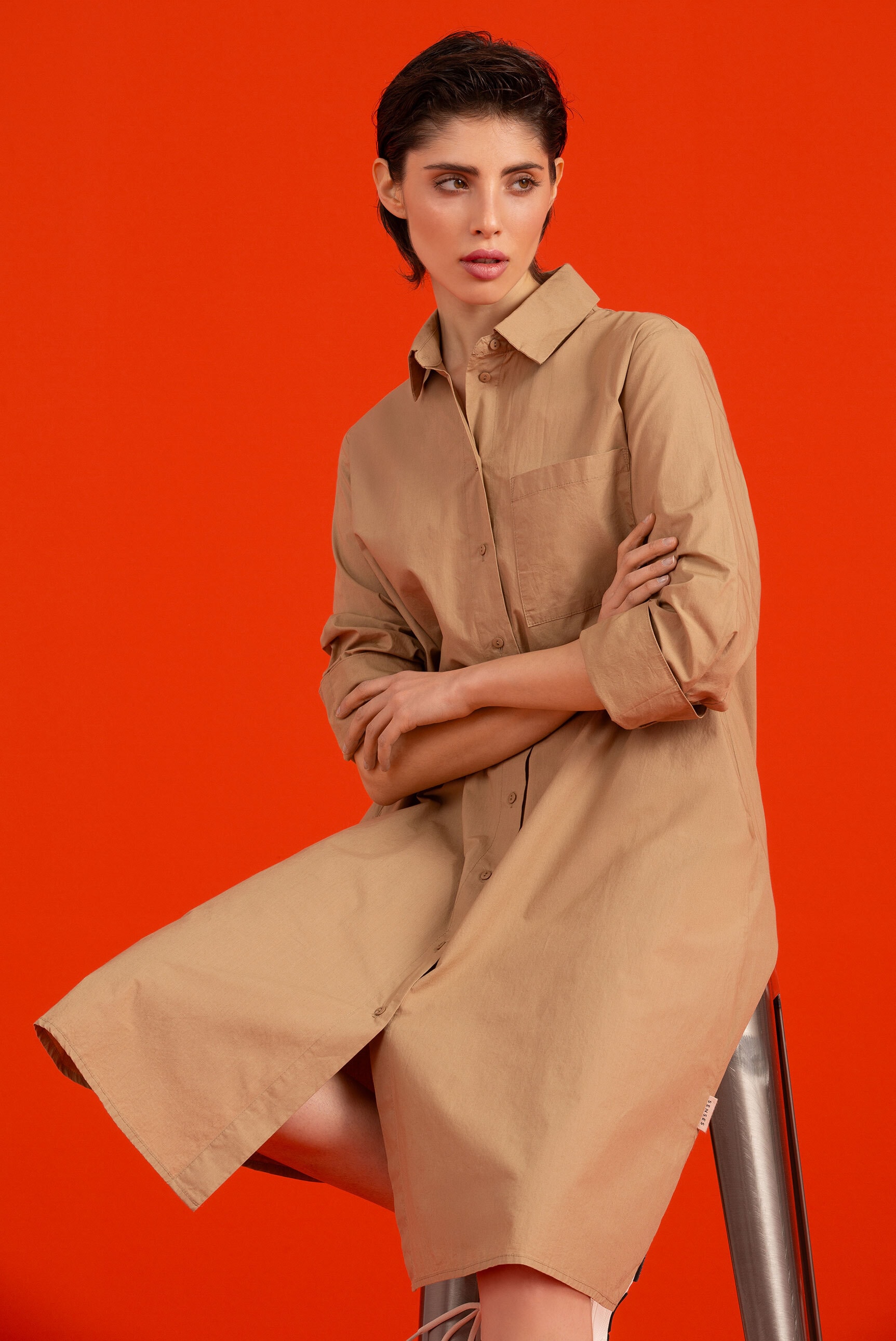 Sommerkleid SENSES.THE LABEL, Damen, Gr. M, US-Größen, beige (natural beige), Material: 100% Baumwolle, unifarben, A-Linie normal, hoch geschlossener Ausschnitt, eingesetzt 1-Knopf-Manschette, Kleider, aus Baumwolle Image