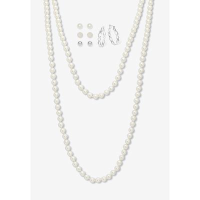 Women's Simulated Pearl Silvertone Endless Necklace And Earrings Set, 70 Inches by PalmBeach Jewelry in Silver