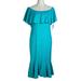 Lularoe Dresses | Lularoe Cici Flounce Off Shoulder Dress Stretch Midi Blue Green Size L | Color: Blue/Green | Size: L