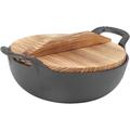 Vinbcorw Wok cast Iron, Frying pan with Flat Base and Wooden lid, Authentic Asian Dishes, cast Iron Stirring pan withstands Direct Heat, Frying Pot,25cm