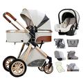 High View 3 in 1 Baby Pram Stroller Basket Foldable Pushchair with Stroller Accessories,Large Bassinet Stroller,Standard Car Seat Stroller Combo,Multi-Position Recline (Color : White)