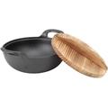 Vinbcorw Wok cast Iron, Frying pan with Flat Base and Wooden lid, Authentic Asian Dishes, cast Iron Stirring pan withstands Direct Heat, Frying Pot,20cm