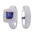 18K White Gold Created Sapphire Rings, Ring Set with 4 Claws Square Shaped 6X6mm 1.2ct Created-Sapphire with Moissanite Wedding Band Size O 1/2