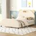 Full Velvet Upholstered Platform Bed Frame with Bear Shaped Headboard and Embedded Light Stripe, Wood Slat Support, Beige