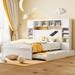 Queen Platform Bed with 2 Storage Drawers & Trundle, Wooden Bookcase Bed Frame with All-in-One Cabinet, Shelf and Sockets, White