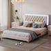 Upholstered Platform Bed, Queen Velvet Fabric Wooden Bed Frame with LED Lights & Tufted Headboard, Wood Slat Support, Beige