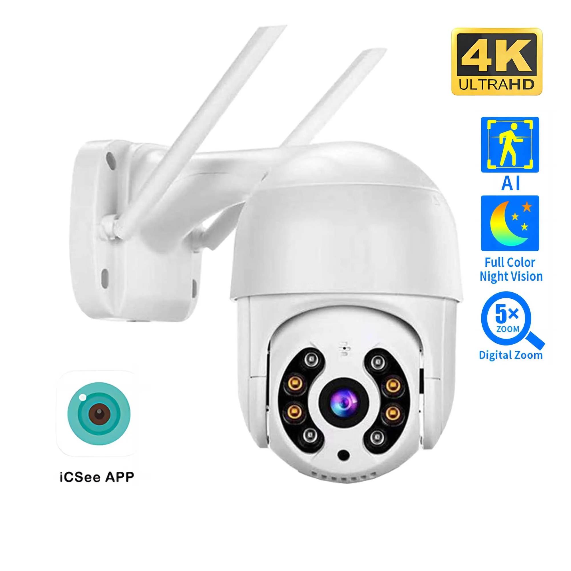 Telecamera PTZ wireless 8MP 4K HD 1080P Visione notturna a colori Telecamera IP Wifi Esterna 5MP Ai Auto Tracking CCTV Telecamera di sorveglianza iCsee