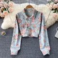 Vintage Floral Print Denim Jacket for Women 2023 New Autumn Fashion Long Sleeve Single Breasted