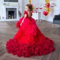 Robe rouge à fleurs pour filles manches courtes bouffante superposée col rond robes de