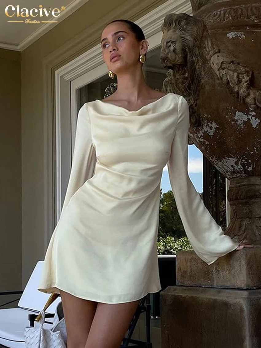 Clacive Sexy lockeres gelbes Satinkleid für Damen, figurbetont, O-Ausschnitt, lange Ärmel, Minikleid, elegante klassische rückenfreie Kleider für Frauen