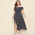 Robe à fleurs pour femmes grande taille décolleté plongeant corsage froncé fendue sur les