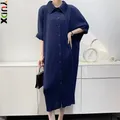 YUDX-Robe plissée à manches chauve-souris pour femme simple boutonnage mi-longue grande taille