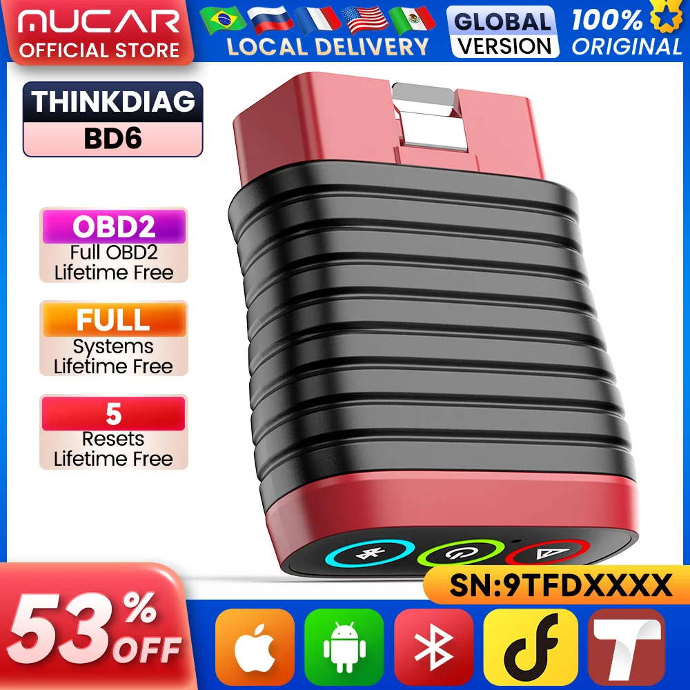 THINKCAR BD6 OBD2-Scanner, Bluetooth-Autodiagnosetool, komplettes System, Kfz-Auto-Scanner, Codeleser, 5 Rückzüge, kostenloses Scan-Tool Image
