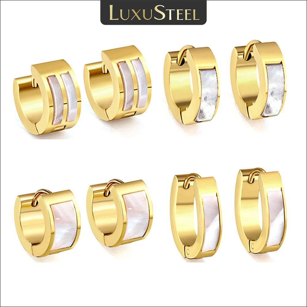 LUXUSTEEL Punk Rock Weiße Muschel Edelstahl Creolen für Frauen Männer Vergoldet Silber Farbe Runde Kreis Clip Ohrring