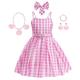 poupée Robe Costume de Cosplay Gants Fille Cosplay de Film Rétro Vintage Rose Vif Robe à carreaux rose Tenue Rose Rose Le Jour des enfants Mascarade Robe Gants Nœud papillon