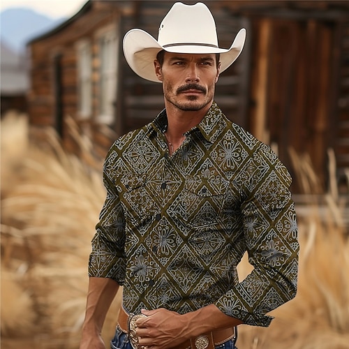 Homme Aztèque Tribal Ethique / Africain Chemise Western Chemise de cow-boy manche longue ancien Style Western Tribal Extérieur Vacances Course de Chevaux Printemps Été Col Rabattu Imprimé Boutonné - Lightinthebox.com/fr