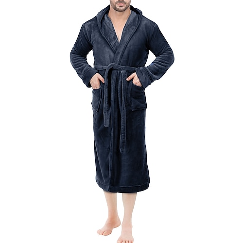 Herren Schlafanzug Morgenmantel Bademantel 1 pcs Glatt Stilvoll Brautkleider schlicht Komfort Heim Täglich Bett Vlies Komfort Warm Kapuzenpullover Langarm Tasche Herbst Winter Schwarz Dunkelblau Image