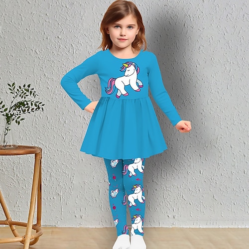 Mädchen 3D Einhorn T-Shirt und Leggings Rüschenkleid-Set Langarm 3D-Druck Herbst Winter Aktiv Modisch Täglich kinderkleidung 3-12 Jahre Outdoor Urlaub Verabredung Regular Fit Image
