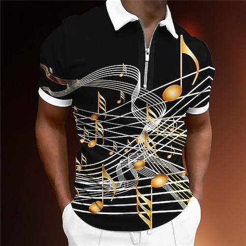 Musikfestival Herren Musik Poloshirts mit Reißverschluss Golfshirt Kurzarm Polo-Shirts Hemden mit Kragen Lässig Urlaubskleidung Festivalkleidung Party-Outfits 3D-Druck Viertelreißverschluss-Poloshirt Image
