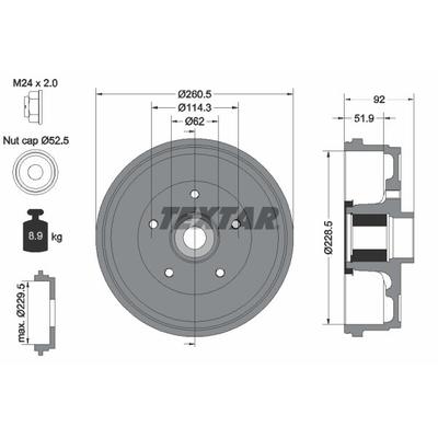 TEXTAR Bremstrommel hinten rechts links mit Achsmutter für RENAULT DACIA 432007075R 432005445R 432008208R 94047500