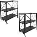 QCAI 3-Tier Foldable Metal Shelves Heavy Duty Storage Shelving Unit with Wheels Organizer Shelves for Garage Kitchen Holds up to 750 lbs Capacity Blackï¼Œ2 Pack