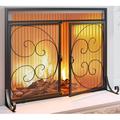 Fireplace Screen with Hinged Doors Magnetic 2 Panels Sturdy Steel Frame Durable Metal Mesh Decorative Free Standing Fireplace Spark Guard- Black