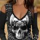 Skull Print Lace Trim V Neck T-shirt, Casual Cold Shoulder Long Sleeve T-shirt, Women's Clothing