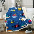 YST Cartoon Tractor Sherpa Blanket for Boys Truck Blanket for Kids Toddler Construction Vehicle Throw Blanket for Chair Excavator Bulldozer Fleece Blanket Equipped Truck Plush Blanket Navy