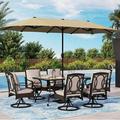 durable & William 8 Piece Patio Table and Chairs with 13ft Double-Sided Umbrella Outdoor Dining Furniture Set with 6 Padded Swivel Rocker Dining Chairs 1 Rectangular Metal Patio Tabl