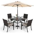 & William Outdoor 6 Pieces Dining Set with 4 Rattan Chairs 1 Metal Table and 1 10ft 3 Tier Auto-tilt Umbrella(No Base) Orange Red Modern Patio Furniture for Poolside Porch Patio