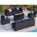 durable 8 Pieces Patio Furniture Set with 45 Plate Embossing Propane Fire Table Outdoor PE Rattan Sectional Sofa Set Patio Gas Fire Pit Conversation Set with Blue Cushions & Glas