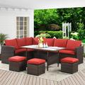 durable Lane Patio Furniture Set 7 Piece Outdoor Dining Sectional Sofa with Dining Table and Chair All Weather Wicker Conversation Set with Ottoman Ivory