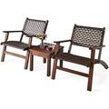 LLBIULife 3 PCS Patio Conversation Set Solid Eucalyptus Wood Frame Outdoor Wicker Set Bistro Set with Coffee Table Rattan Set for Backyard Porch Garden Poolside Balcony (Brown)