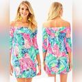 Lilly Pulitzer Dresses | Lilly Pulitzer Laurana Beach Please Off Shoulder Summer Dress | Color: Blue/Pink | Size: Xs